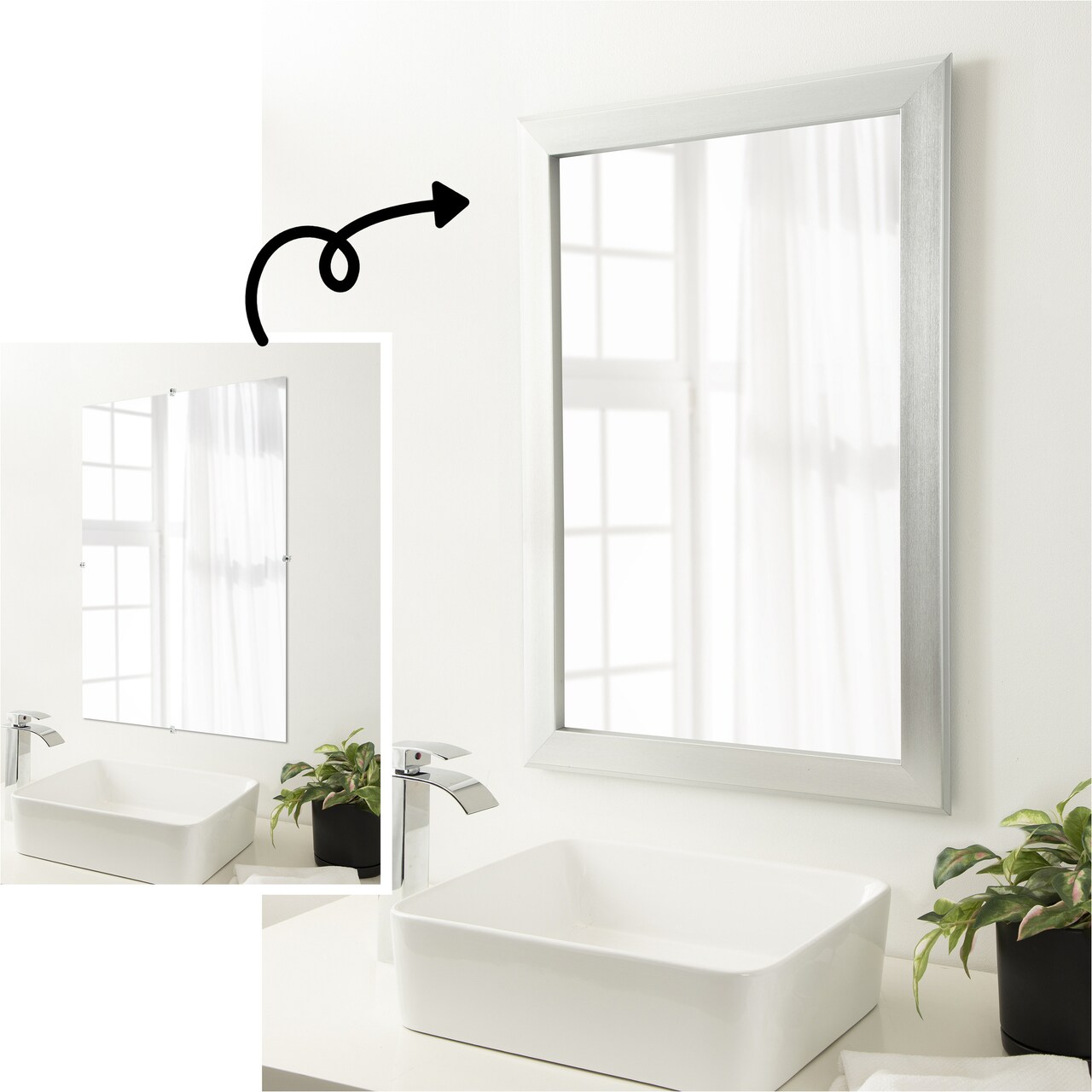 Amanti Art Mirror Makeover Bathroom Mirror Frame Border Kit - Fully Assembled Peel and Stick Frame - Mirror NOT Included - Vista Brushed Nickel Trim